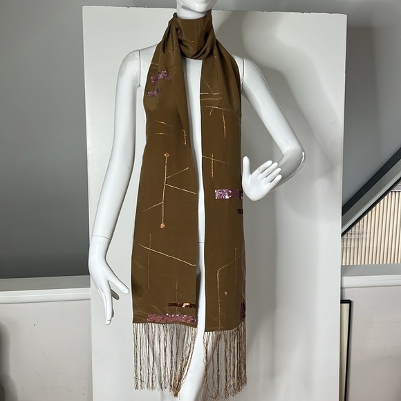 Geometric Silk 110” Scarf with Fringe and Beads - Picture 1 of 6